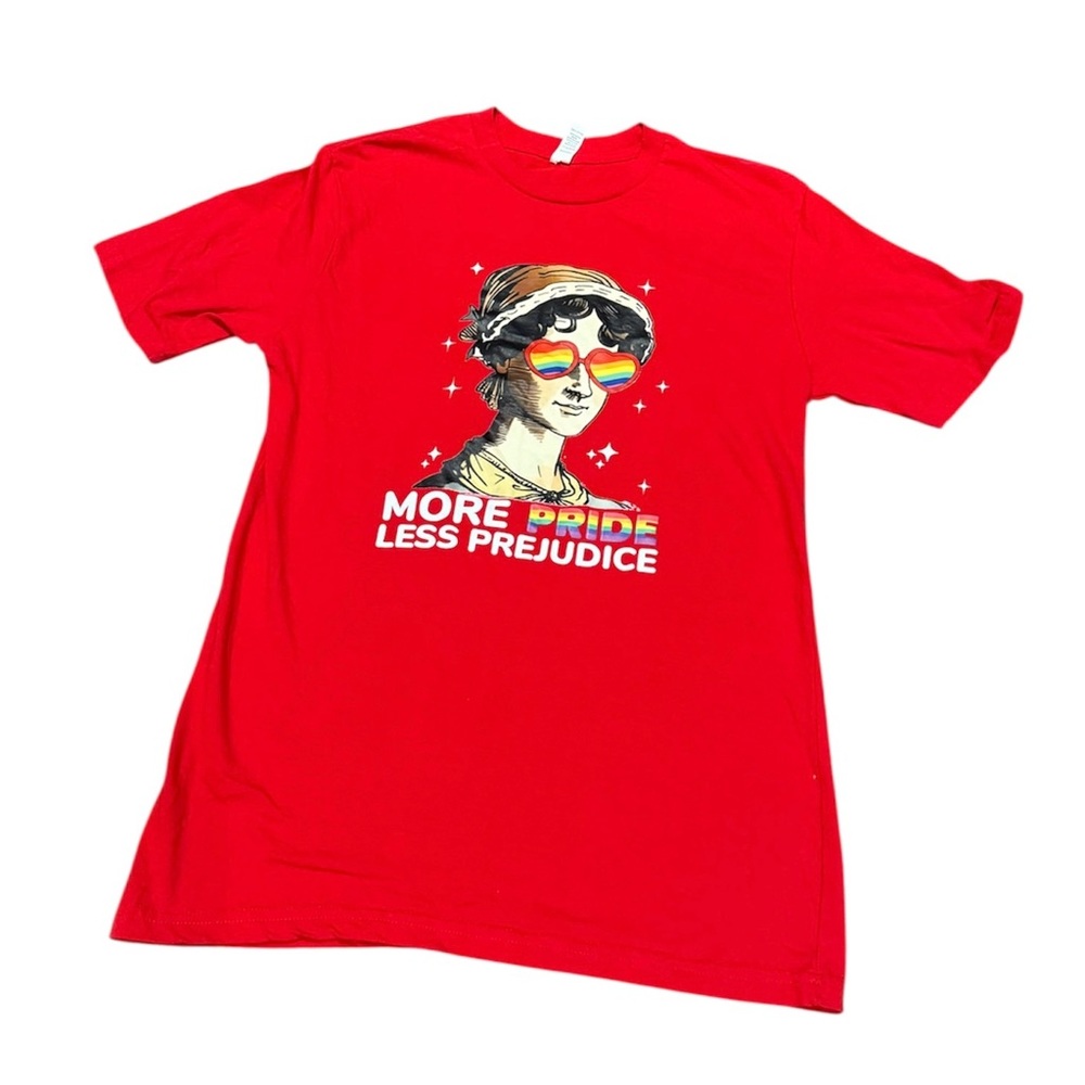 ☮️  Red Graphic Pride T-Shirt More Pride Less Prejudice Jane Austen Rainbow Tee